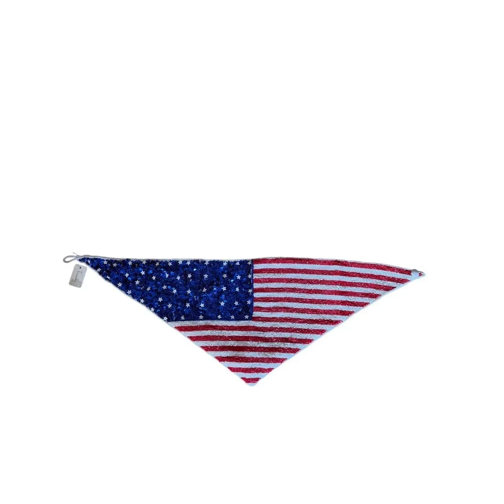 American Flag Beaded Bandana Scarf Patriotic Red White Blue Sequin Neckerchief - Picture 4 of 5